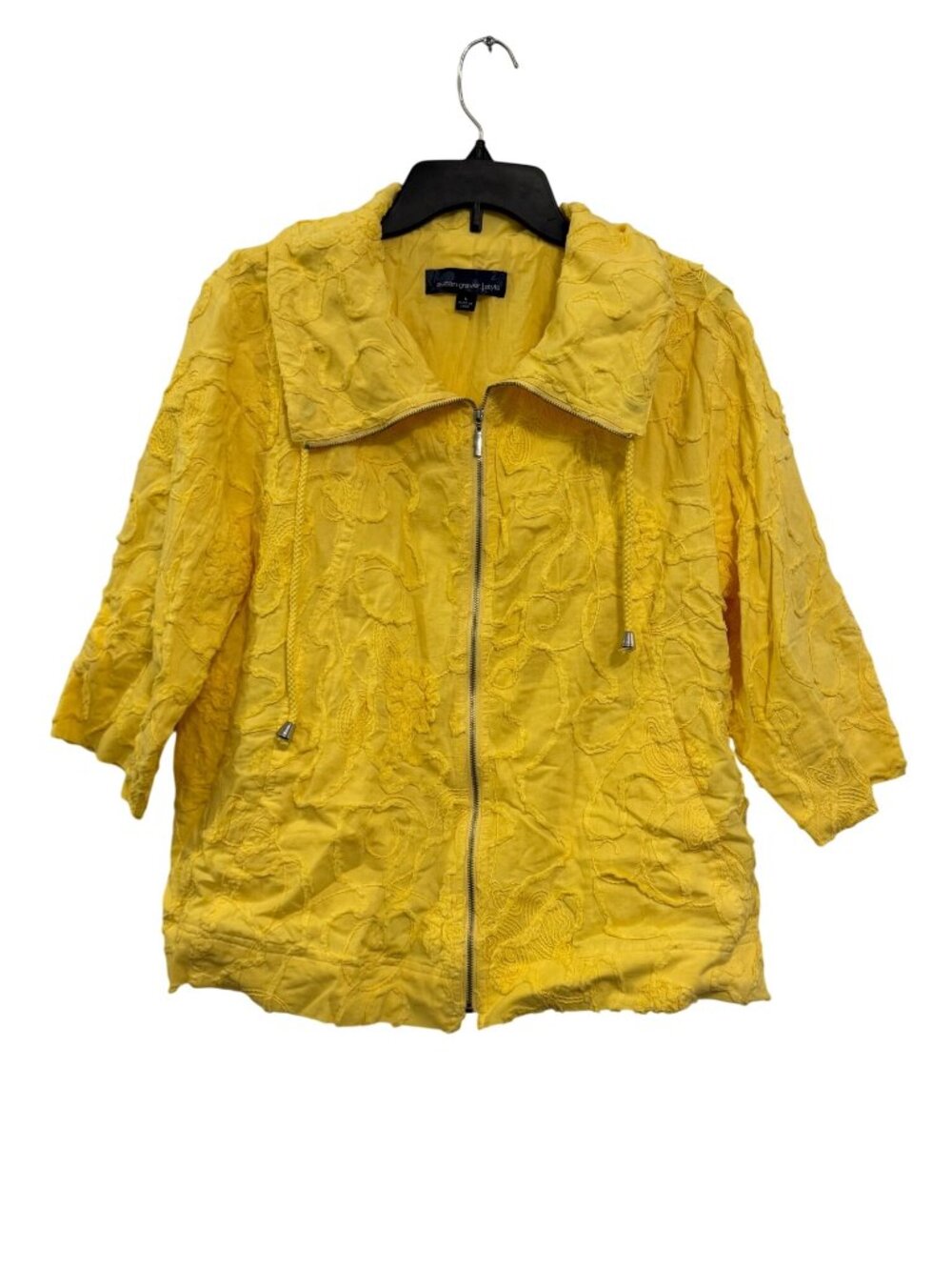 Susan Graver Yellow Embroidered Cotton Zip Jacket Large Lightweight
